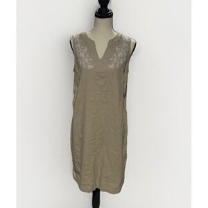 Linen Rayon Sleeveless Midi Dress Beige Embroidered Minimal Coastal Resort S